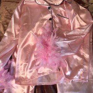 pink satin pj set with fur/feather trim